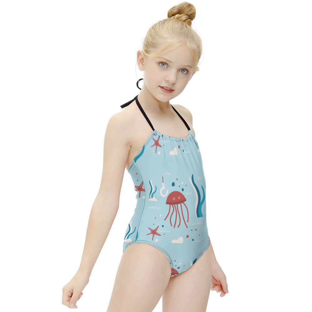 Girls' Contrast-Trim Halter One-Piece Swimsuit, product view 5