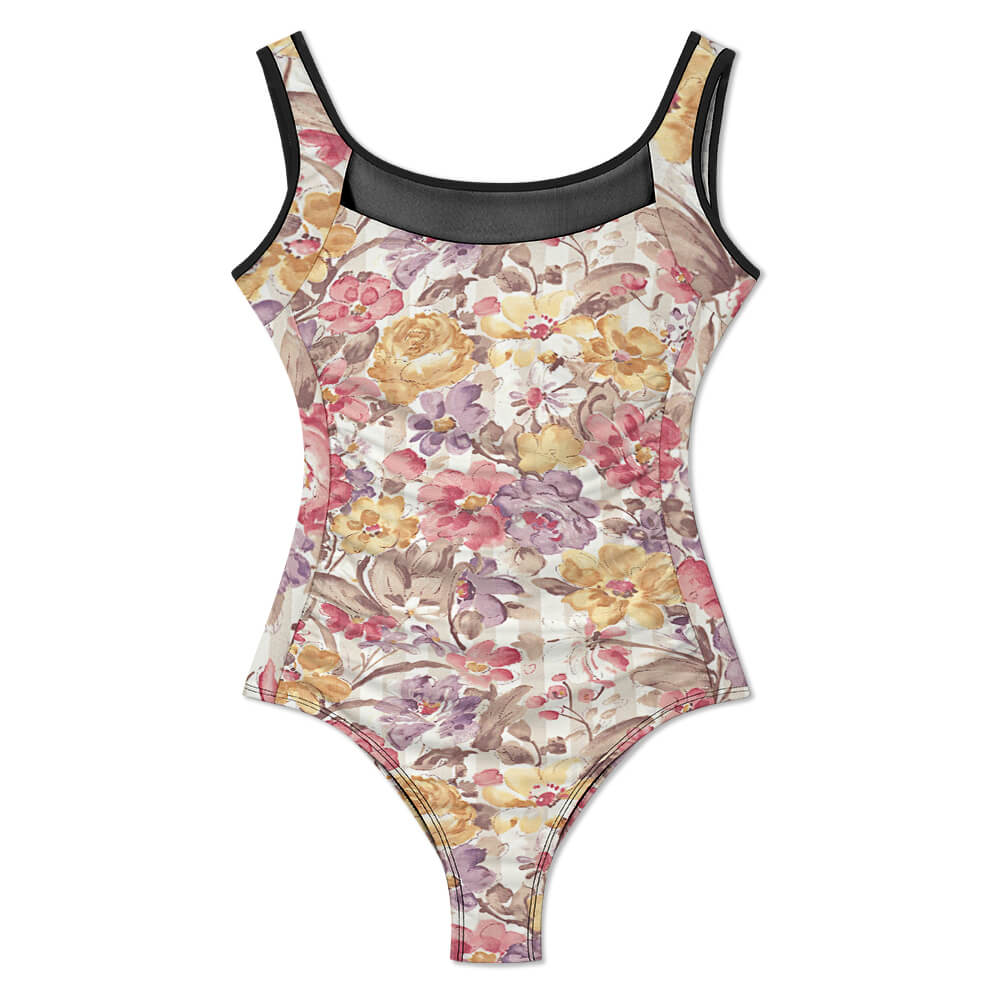 Mesh-Yoke Scoop-Neck One-Piece Swimsuit, product view 3