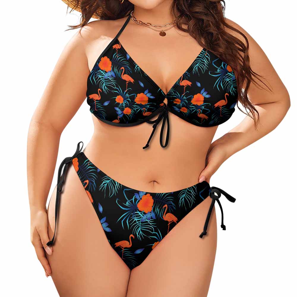 Plus-Size Ruched Lace-Up Triangle Bikini Set