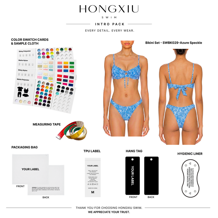 Blue speckled bikini set shown front and back with color swatches, measuring tape, packaging, labels, and liner on white background