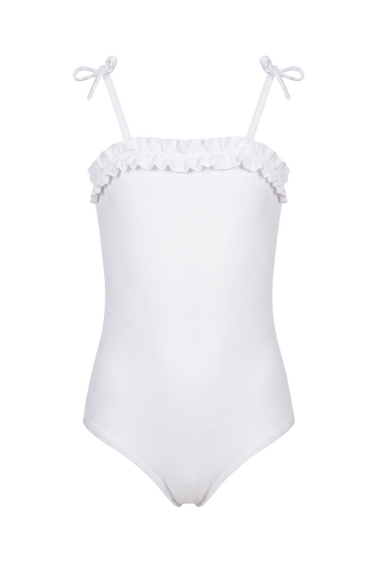 fabric:matte nylon | view:01 | White one-piece swimsuit with tie shoulder straps and ruffled neckline on a white background