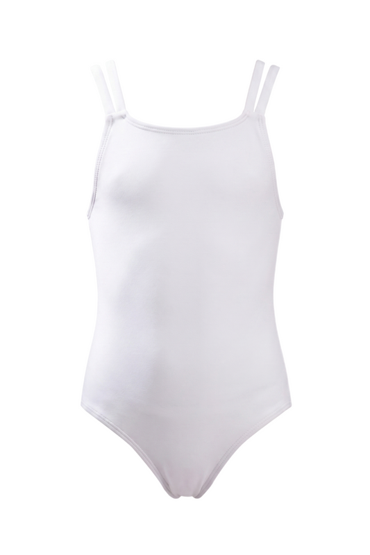 fabric:matte polyester | view:01 | White sleeveless leotard with double shoulder straps, front view on a white background