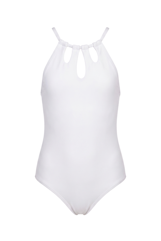 fabric:matte polyester | view:01 | White halter one-piece swimsuit with front keyhole cutouts on a white background