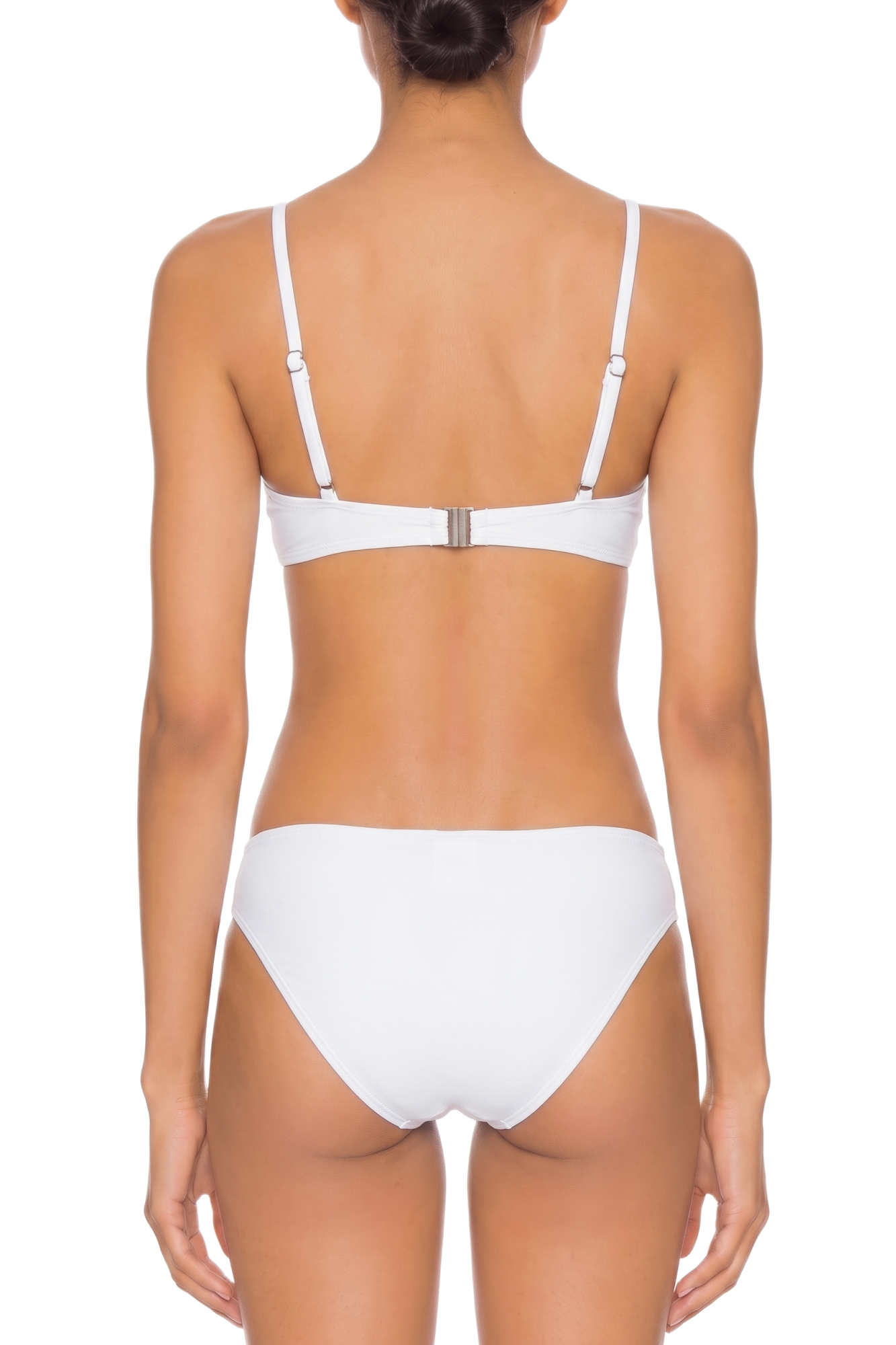 Back view of a white two-piece bikini set featuring adjustable straps, a hook closure, and moderate coverage bottoms.