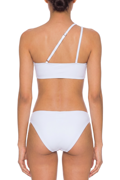Back view of a white two-piece bikini set featuring an asymmetric single-shoulder strap top and moderate coverage bottoms.