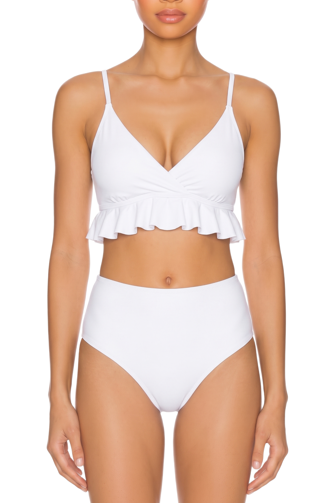White two-piece bikini featuring a ruffle peplum V-neck top with spaghetti straps and high-waisted bottoms.