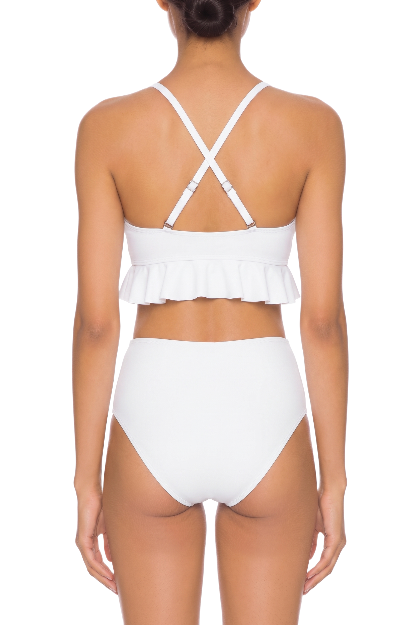 Back view of a white two-piece bikini featuring adjustable crisscross straps, a ruffle peplum top, and high-waisted bottoms.
