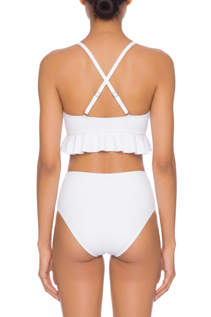 Back view of a white two-piece bikini featuring adjustable crisscross straps, a ruffle peplum top, and high-waisted bottoms.