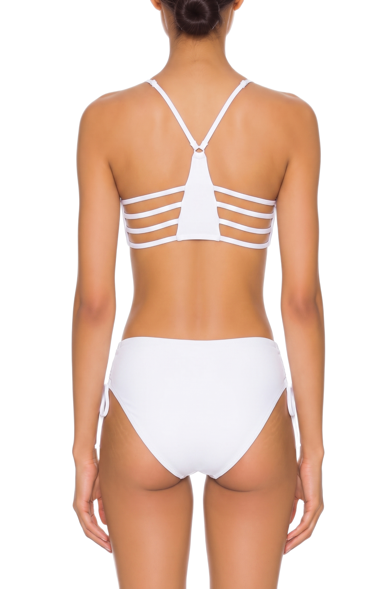 Back view of a white two-piece bikini with multi-strap crisscross back and tie-side bottoms.