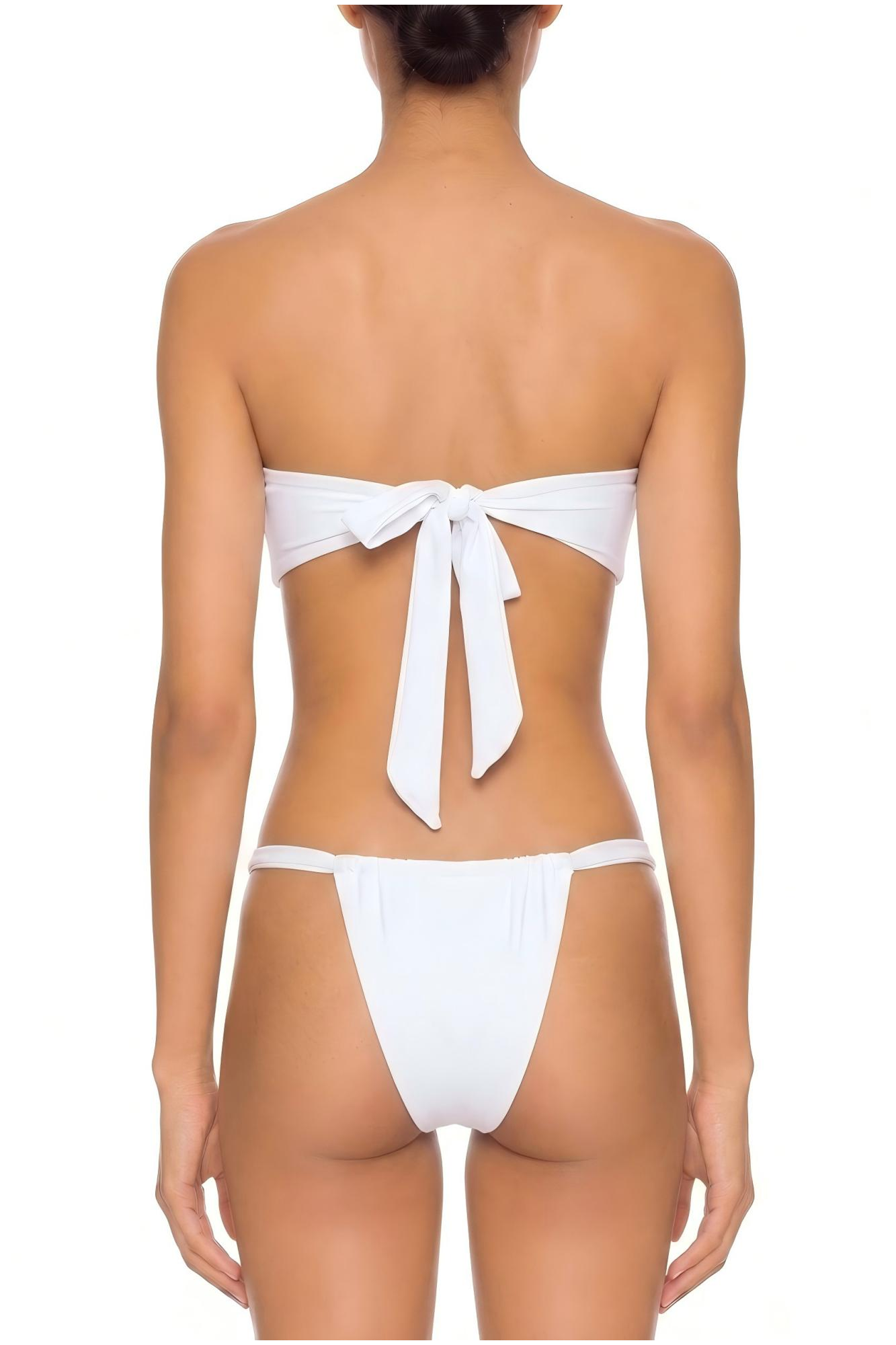 Back view of a white two-piece bikini featuring a strapless tie-back bandeau top and tie-side bottoms.