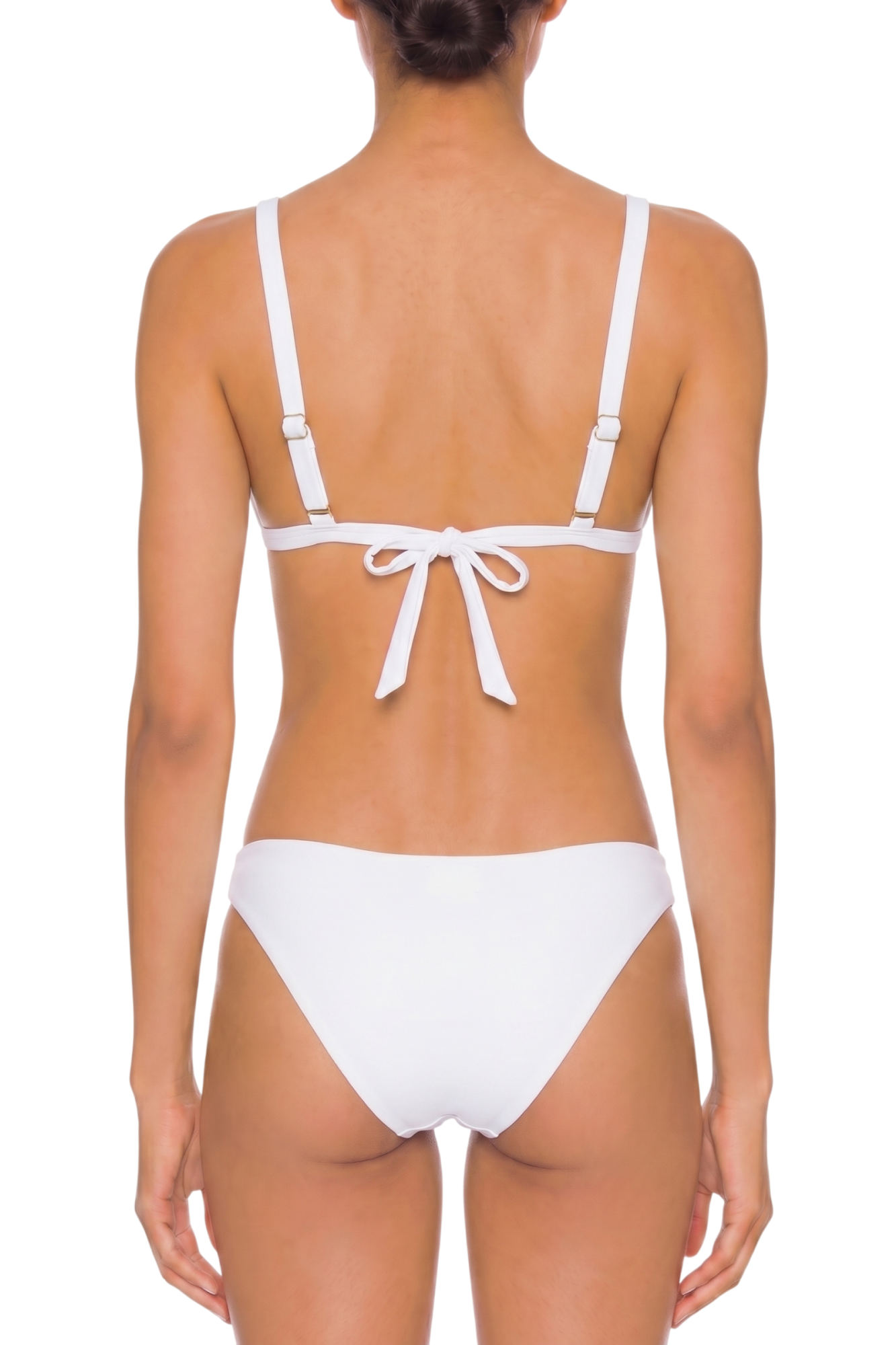 fabric:matte nylon | view:03 | White bikini set shown from the back with tie closure and adjustable shoulder straps