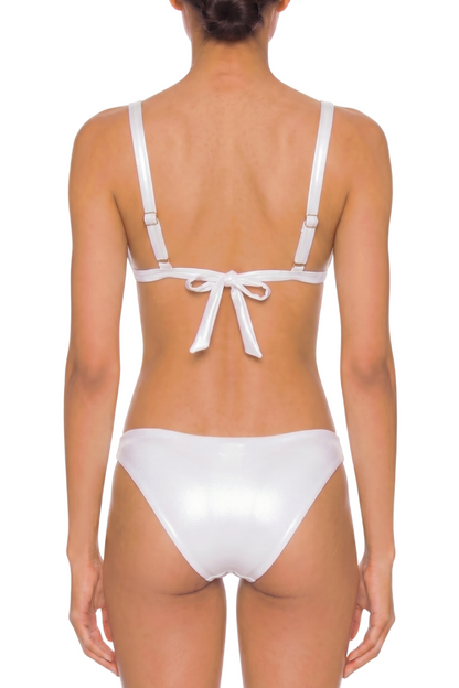 fabric:shiny nylon | view:03 | White glossy bikini with adjustable straps and back tie, rear view on model