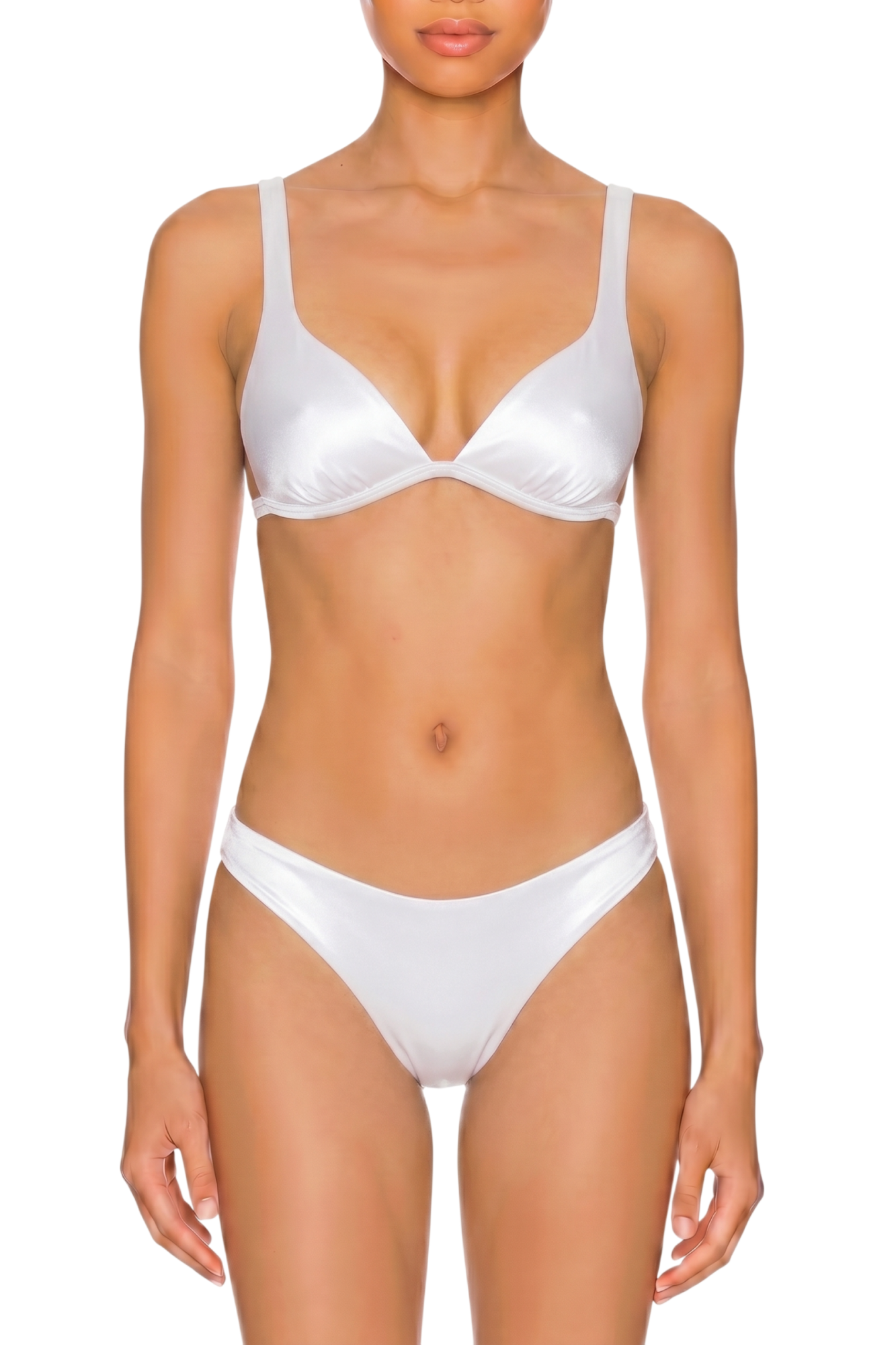 fabric:shiny polyester | view:02 | White shiny triangle bikini set shown front view on model against a white background