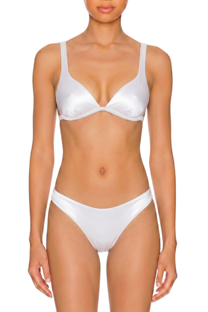 fabric:shiny polyester | view:02 | White shiny triangle bikini set shown front view on model against a white background