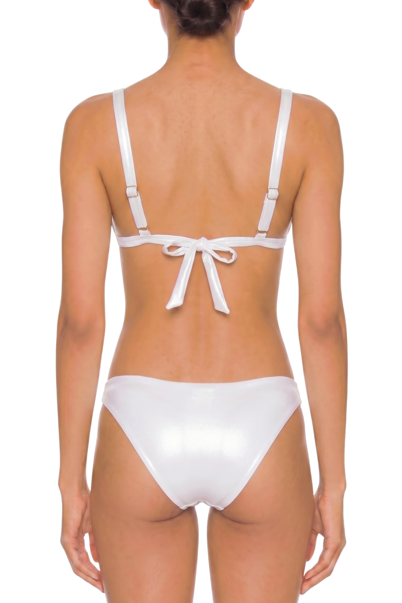 fabric:shiny polyester | view:03 | Back view of white bikini with adjustable straps and tie-back top on a plain white background