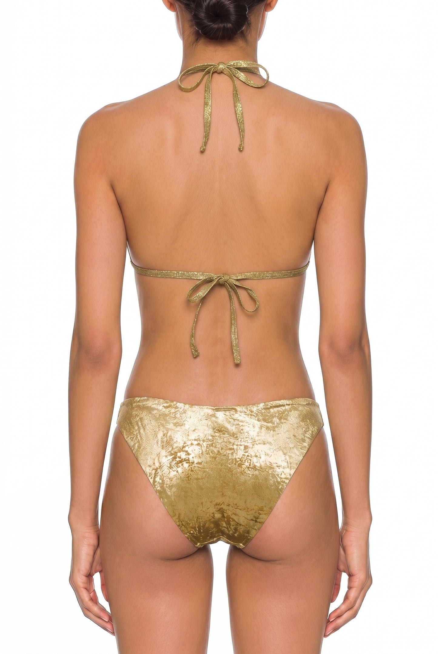 Gold tie-back bikini with subtle pattern, shown from the back on a white background