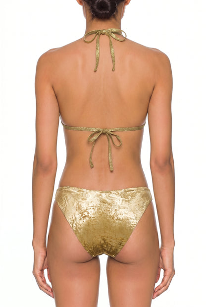 Gold tie-back bikini with subtle pattern, shown from the back on a white background