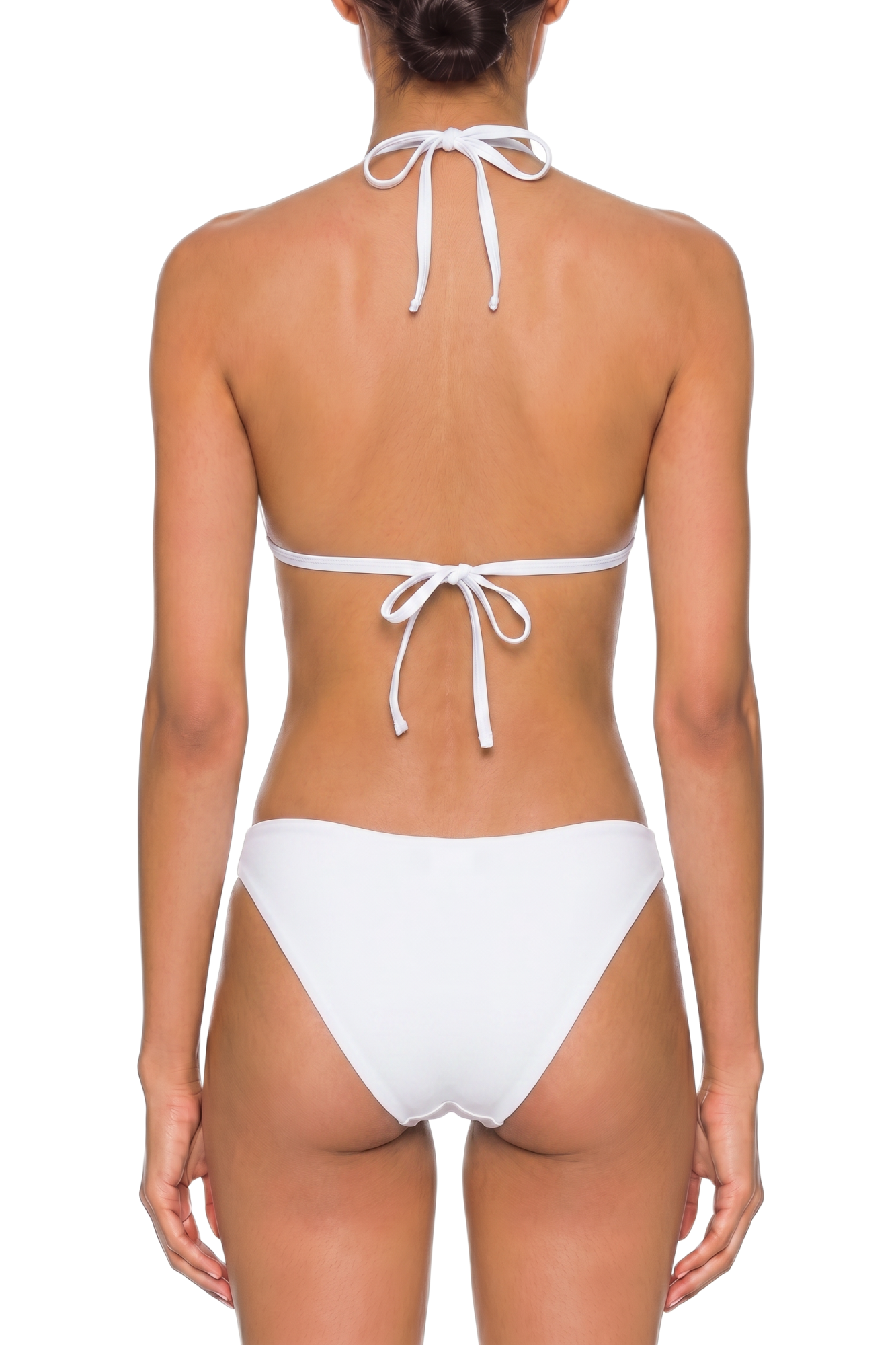 Back view of a white halter triangle bikini set with tie closures and moderate coverage bottoms.