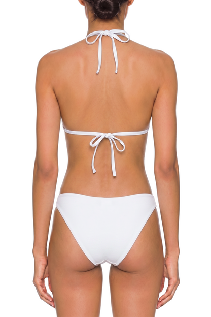 Back view of a white halter triangle bikini set with tie closures and moderate coverage bottoms.
