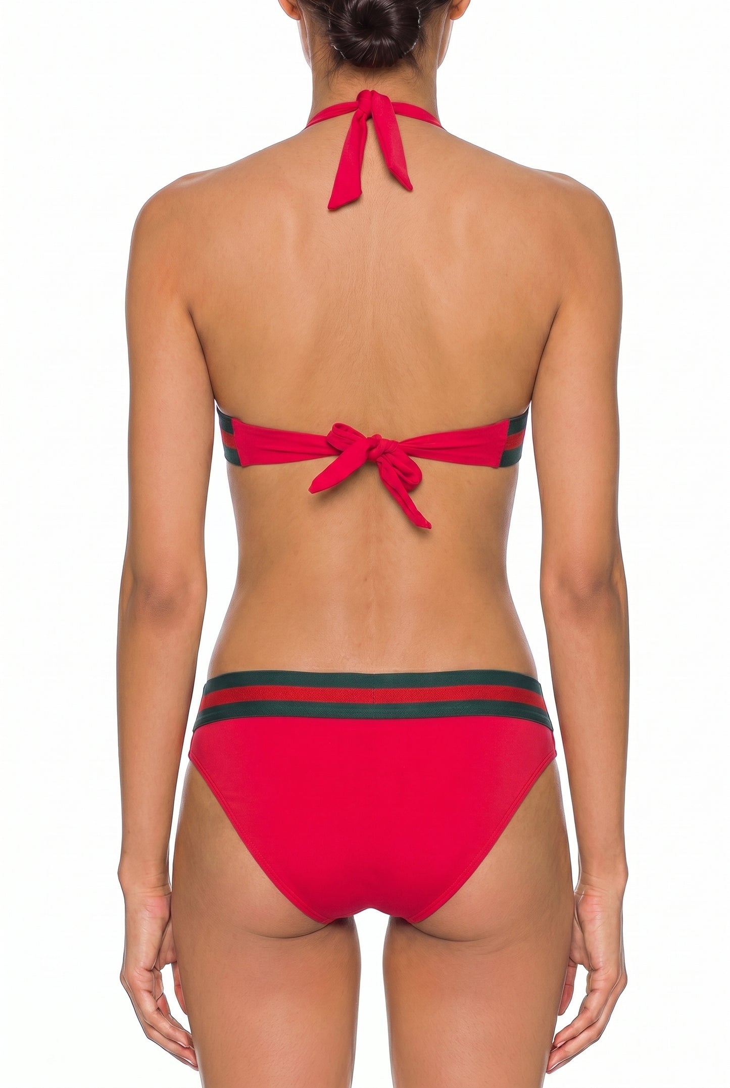 Back view of red halter bikini with green and black striped bands, tied at neck and back on white background