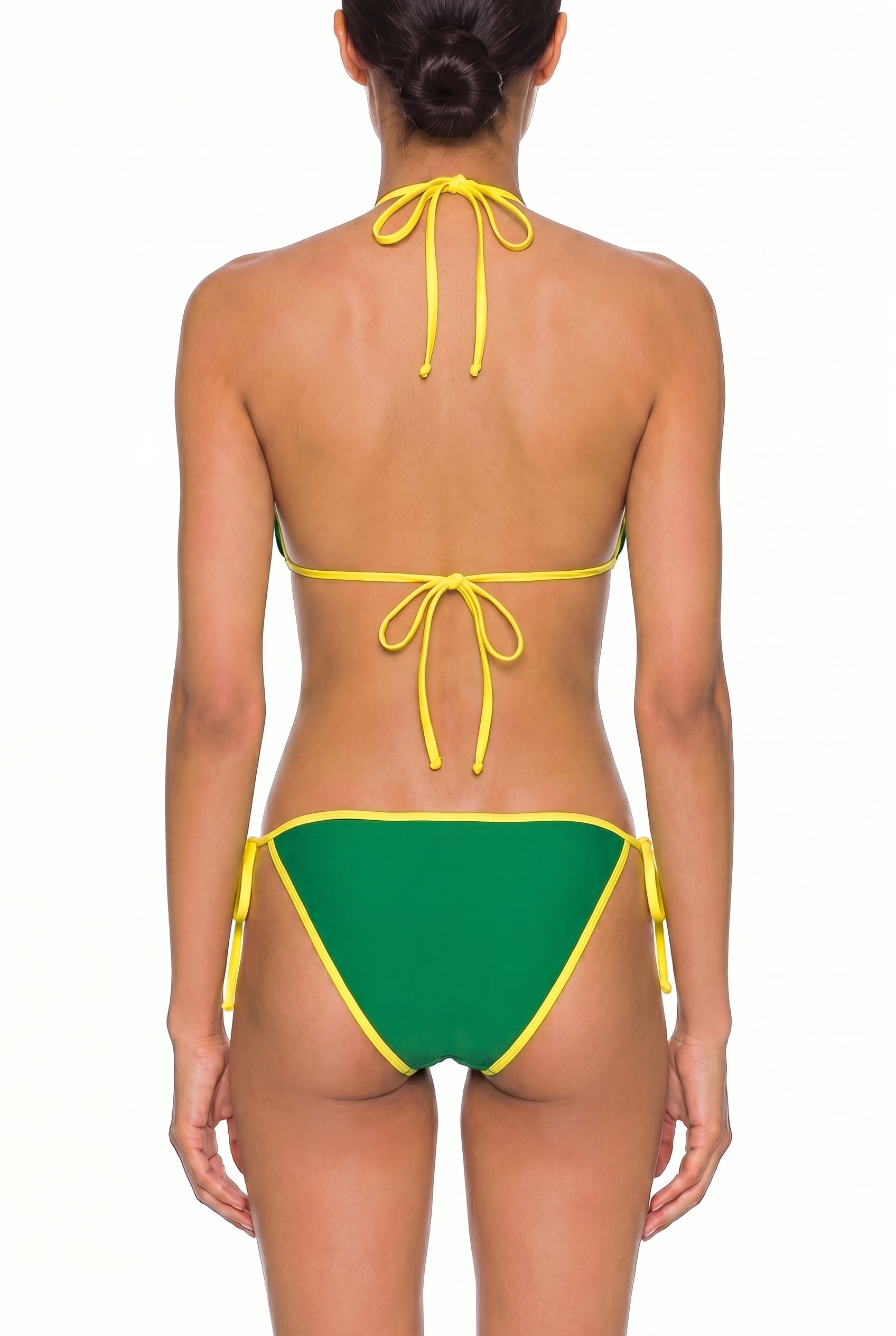 Back view of green tie-side bikini with yellow trim on white background