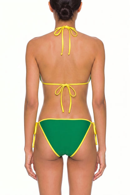 Back view of green tie-side bikini with yellow trim on white background
