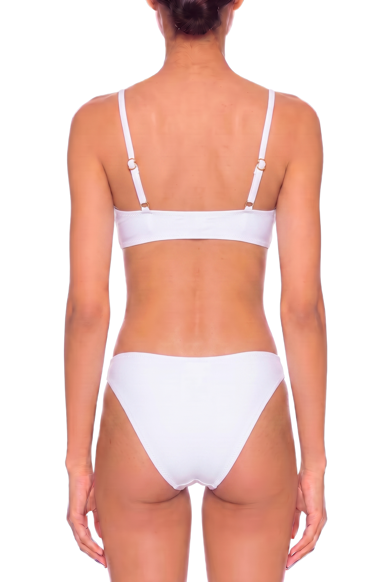 Back view of a white two-piece bikini set with adjustable straps and moderate coverage bottoms.