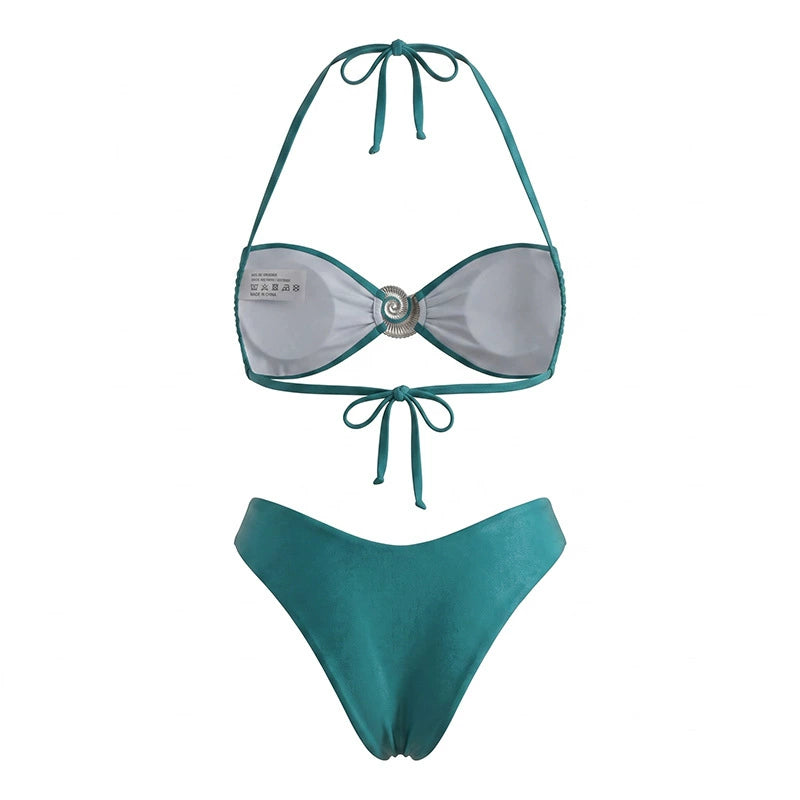 Halter Bandeau Bikini Set with Shell Ornament and V-Cut Bottom view 2