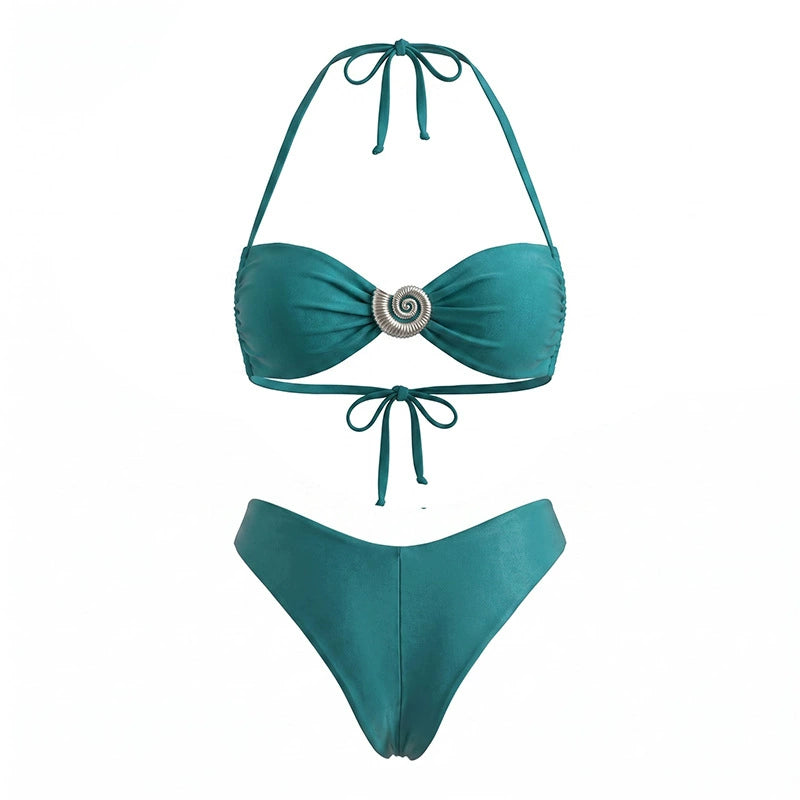 Halter Bandeau Bikini Set with Shell Ornament and V-Cut Bottom view 6