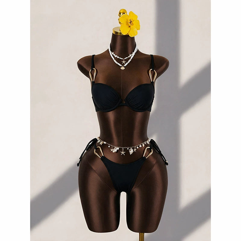 Metal Ring Underwire Bikini Set with Tie-Side Bottom view 3