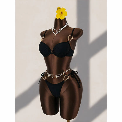 Metal Ring Underwire Bikini Set with Tie-Side Bottom view 4