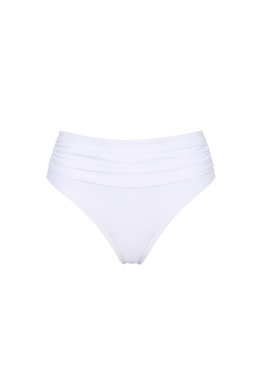 fabric:matte nylon | view:02 | White high-waisted bikini bottom with ruched waistband on a plain white background