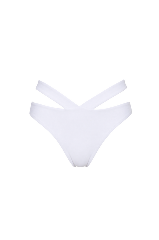 fabric:matte polyester | view:02 | White bikini bottom with crossover side straps on a white background