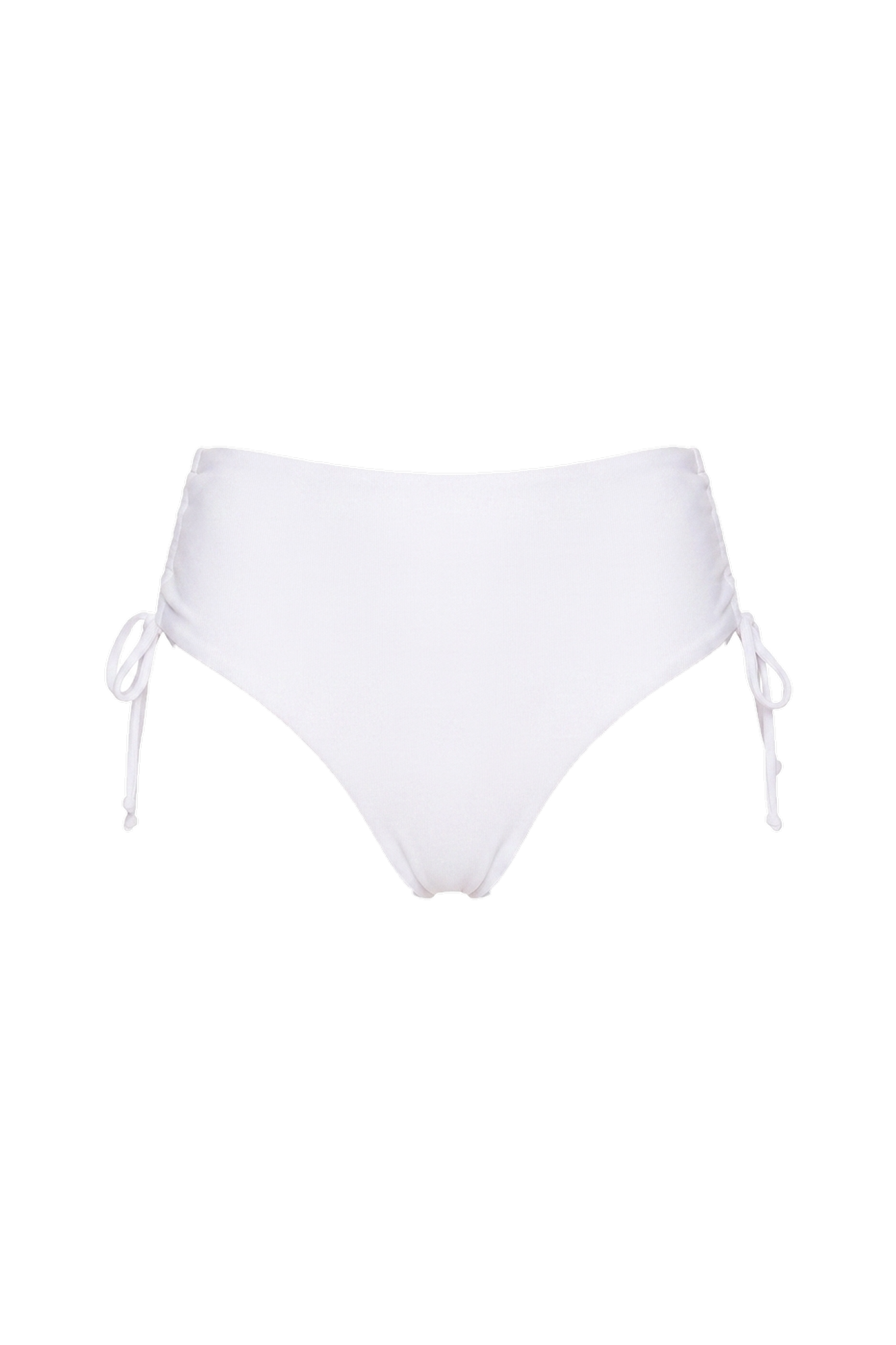 White bikini bottom with adjustable tie-side straps and moderate coverage.