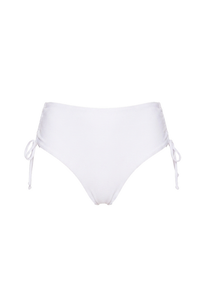 White bikini bottom with adjustable tie-side straps and moderate coverage.