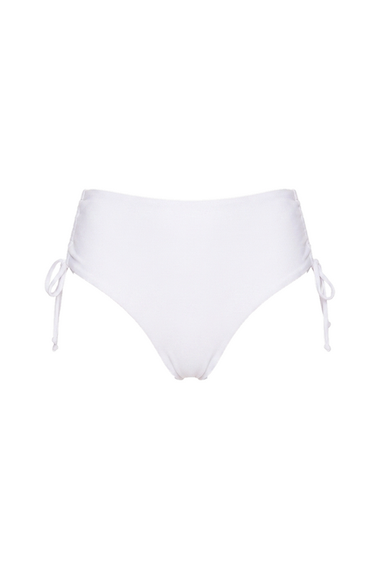 White bikini bottom with adjustable tie-side straps and moderate coverage.