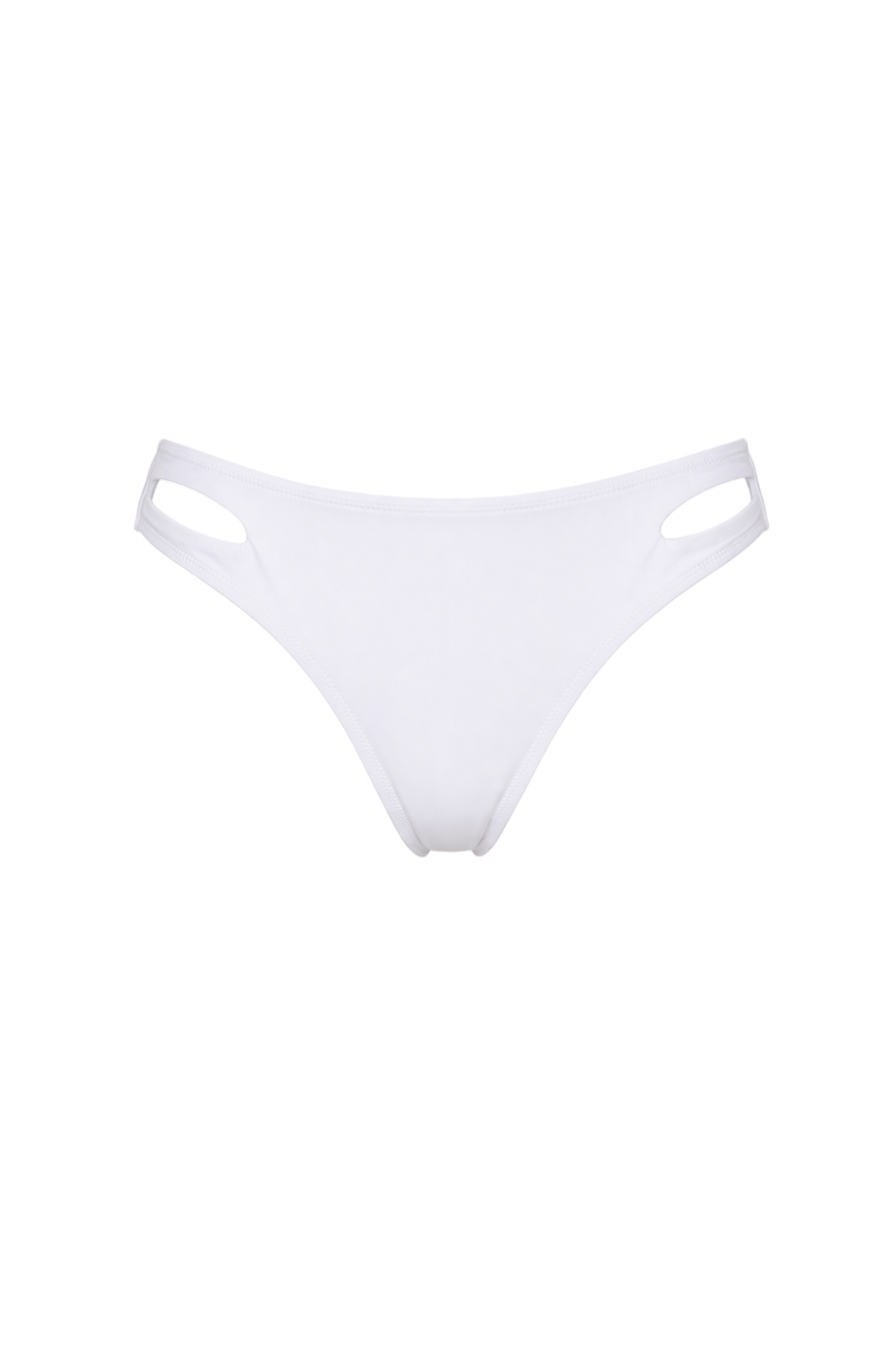 White bikini bottoms with oval side cutouts and moderate coverage.