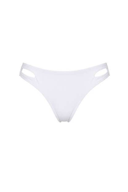 White bikini bottoms with oval side cutouts and moderate coverage.