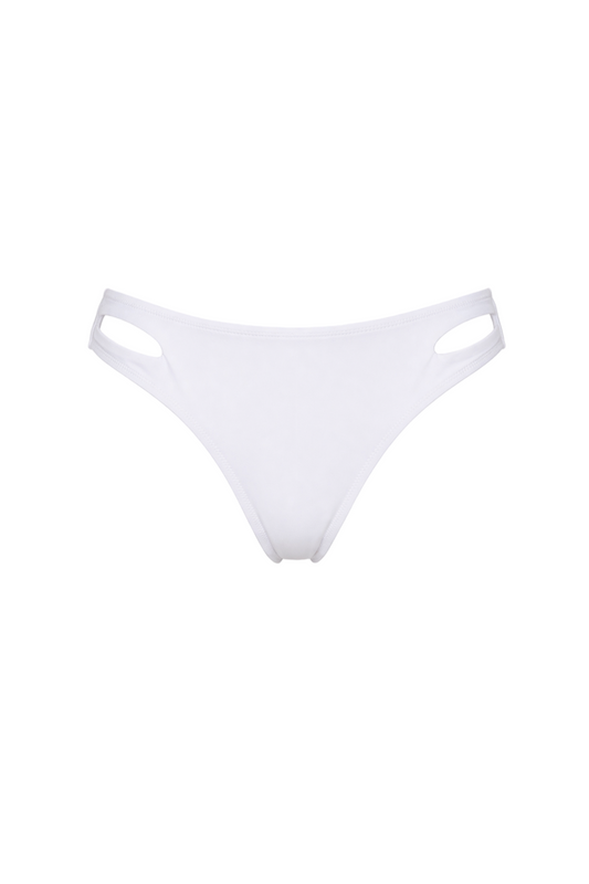 White bikini bottoms with oval side cutouts and moderate coverage.