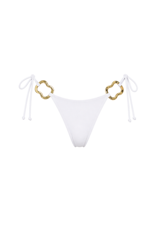 fabric:matte polyester | view:02 | White tie-side bikini bottom with gold ring accents on a white background