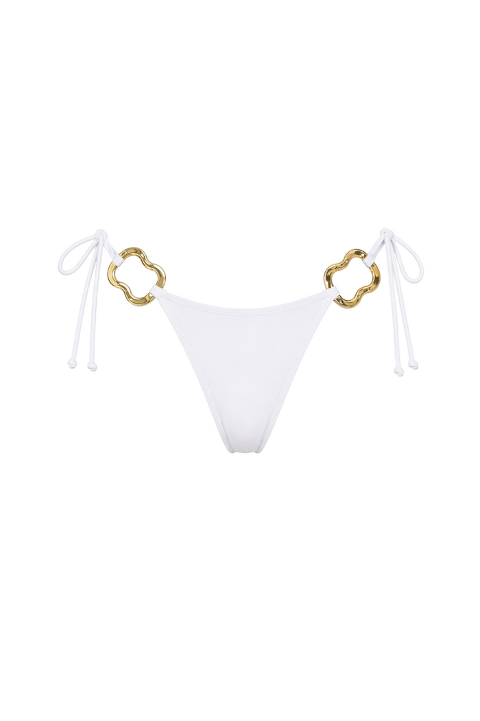 fabric:matte polyester | view:02 | White tie-side bikini bottom with gold ring accents on a white background