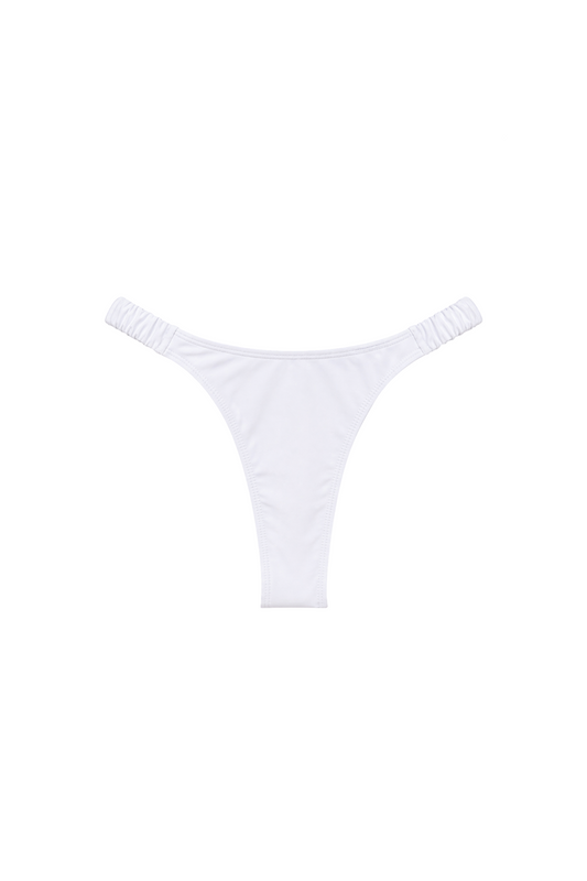 fabric:matte polyester | view:02 | White thong bikini bottom with ruched side straps on a white background
