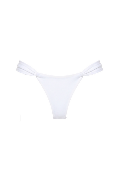 White cheeky bikini bottoms with adjustable tie-side straps.