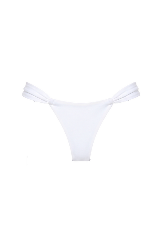 White cheeky bikini bottoms with adjustable tie-side straps.