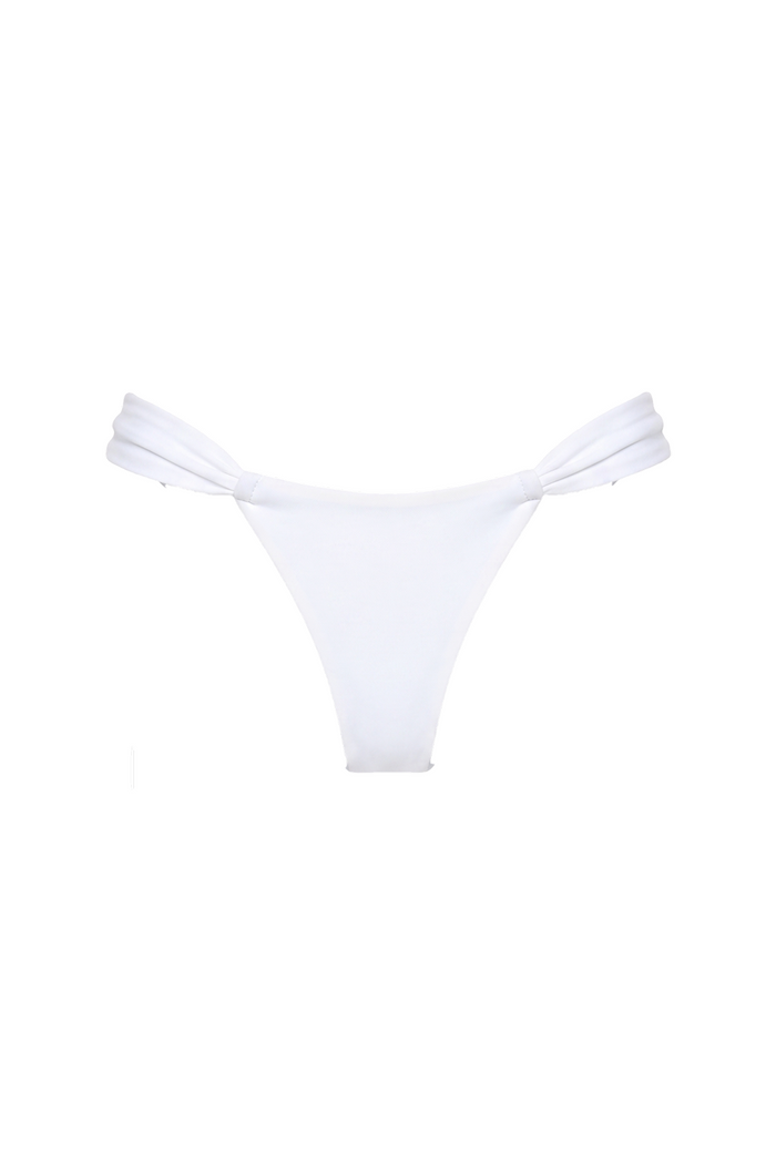 White cheeky bikini bottoms with adjustable tie-side straps.