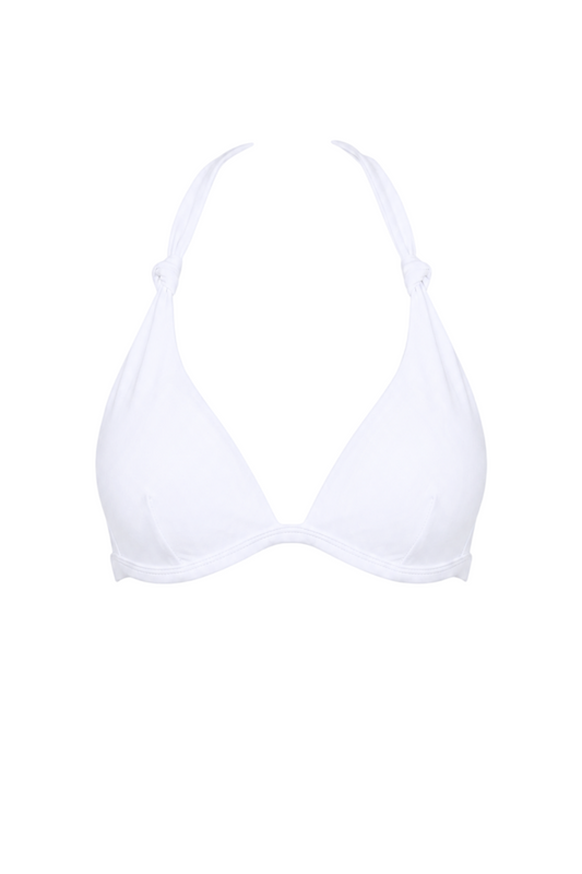 fabric:matte polyester | view:02 | White halter bikini top with triangle cups and knotted neck straps on a white background