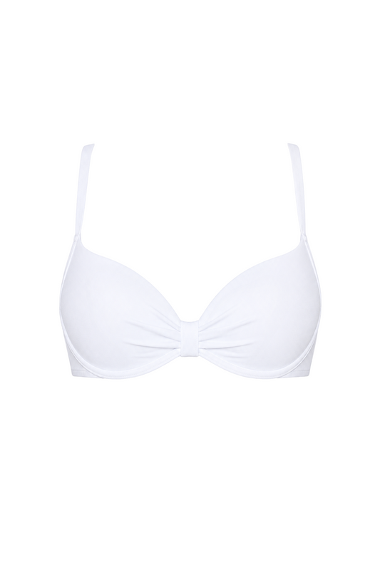 fabric:matte polyester | view:01 | White bra with molded cups, slim shoulder straps, and gathered center front on a white background