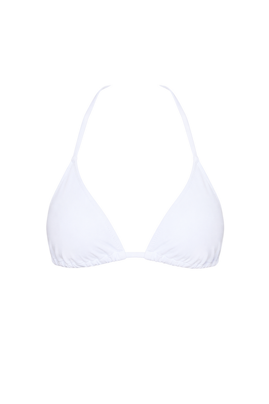 fabric:matte polyester | view:01 | White triangle bikini top with halter straps on a plain white background