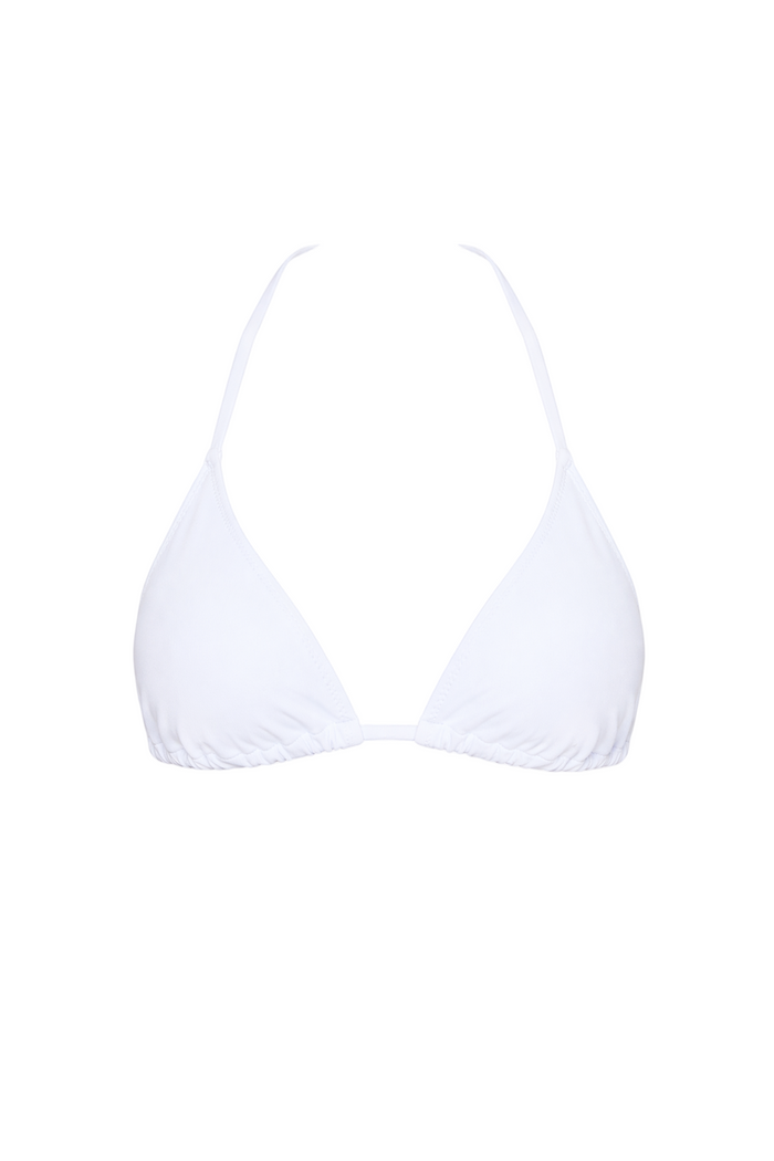 fabric:matte polyester | view:01 | White triangle bikini top with halter straps on a plain white background