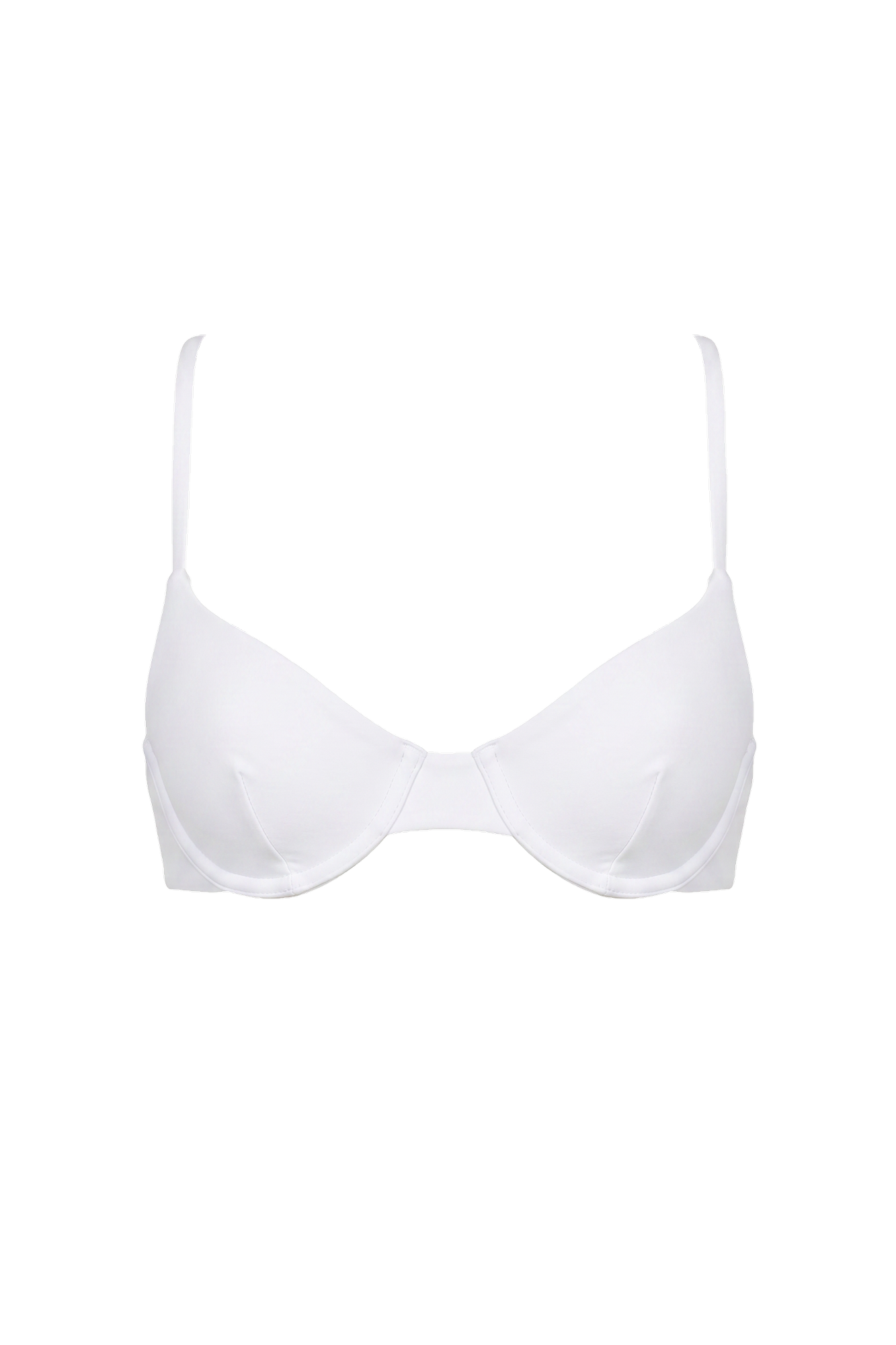 White underwire molded bikini top with adjustable shoulder straps and structured cups.